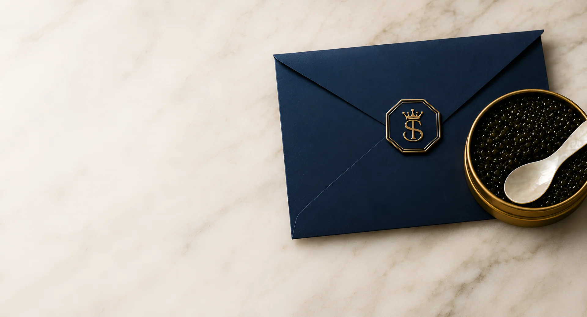 Caviar beside a navy invitation sealed in gold