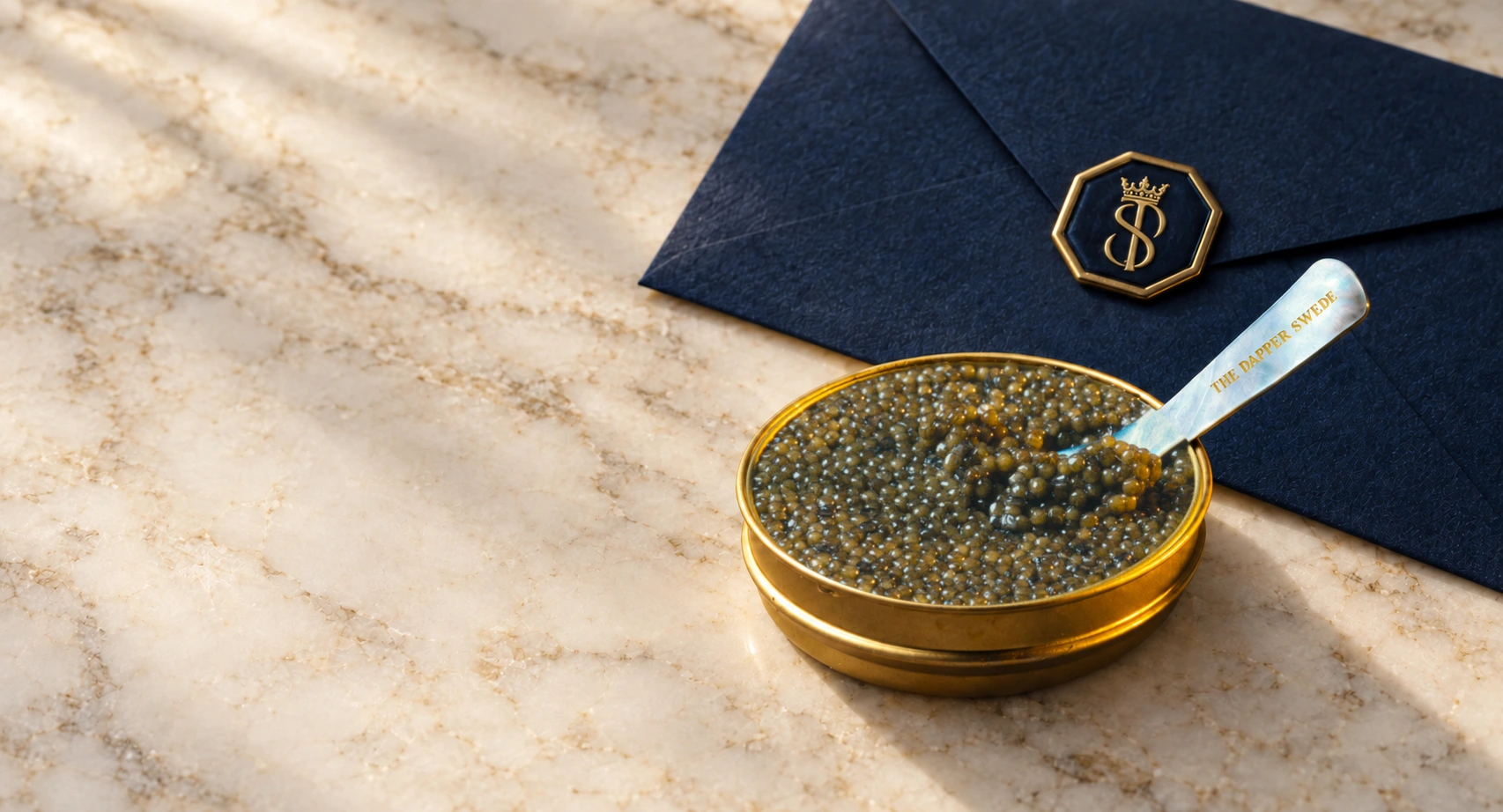Caviar beside a navy invitation sealed in gold
